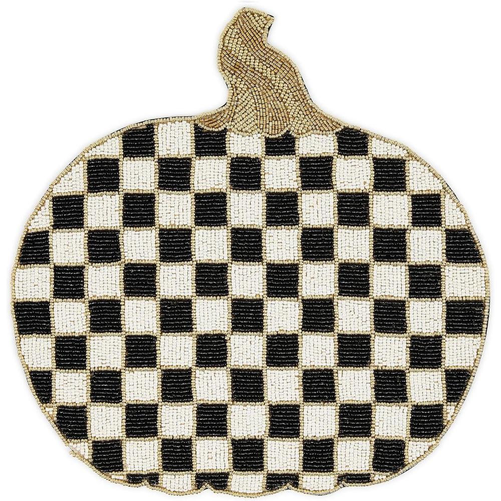 imageMACKENZIECHILDS Beaded Placemat Indoor Table Mat Mocha Check PumpkinCourtly Check Pumpkin