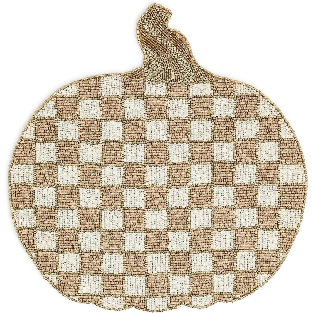 imageMACKENZIECHILDS Beaded Placemat Indoor Table Mat Mocha Check PumpkinMocha Check Pumpkin