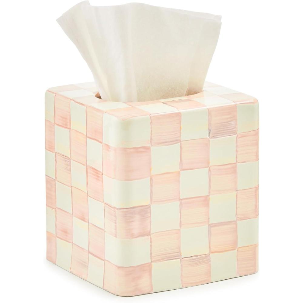 imageMACKENZIECHILDS Boutique Square TissueBox Cover Tissue Holder for Home Decor BrownandWhite Mocha CheckRosy Check