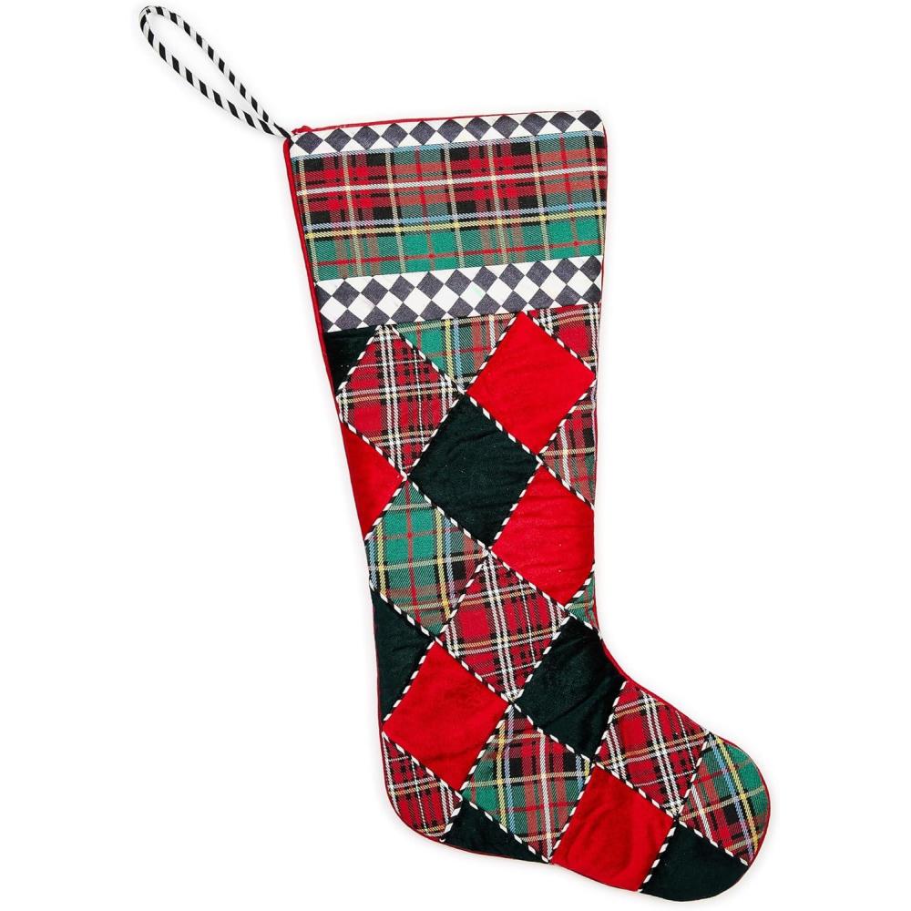 imageMACKENZIECHILDS Christmas Stocking Holiday Stocking for Fireplace Decor RedandBlack Tartan