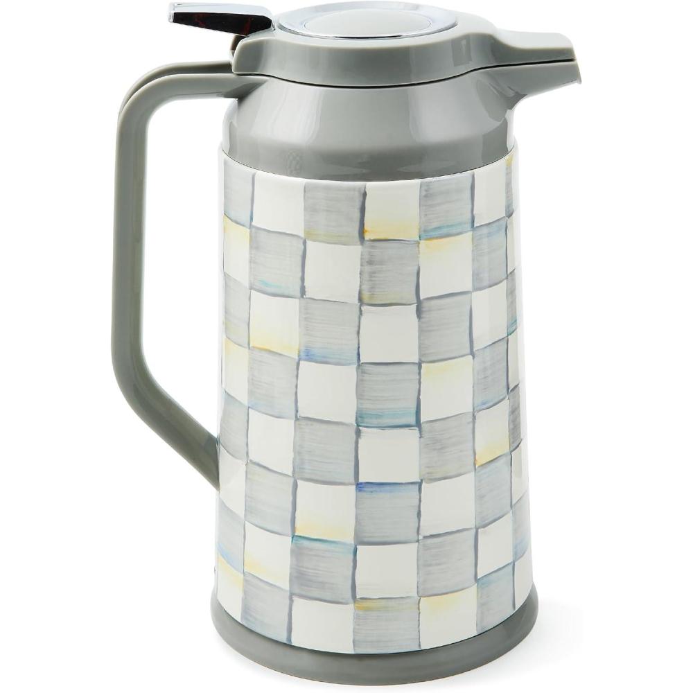 imageMACKENZIECHILDS Coffee Carafe StainlessSteel Coffee Carafe for Hot Liquids 55Cup Capacity BlackandWhite Courtly CheckSterling Check
