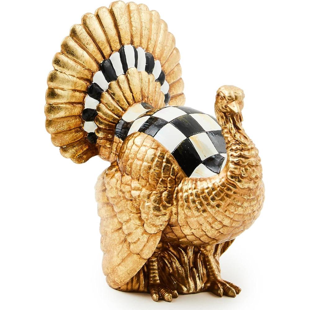 imageMACKENZIECHILDS Courtly Check Mini Gold Turkey Figurine Resin Fall Home DecorMini Gold Turkey