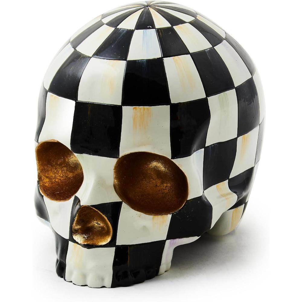 imageMACKENZIECHILDS Crowned Skull Resin Halloween Home Decor PinkandWhite Rosy CheckCourtly Check