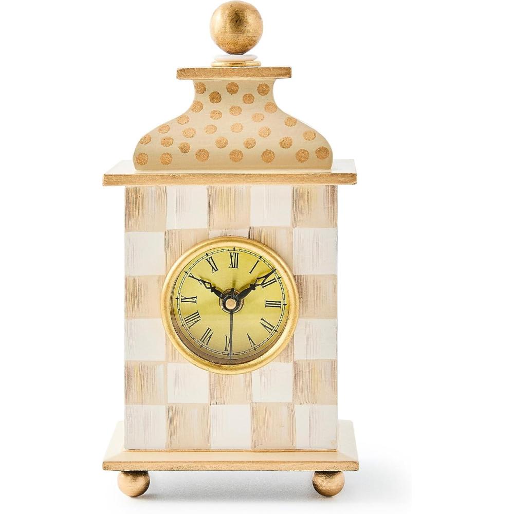 imageMACKENZIECHILDS Desk Clock Retro Analog Clock for Room Decor BrownandWhite Mocha CheckCountry Rustic