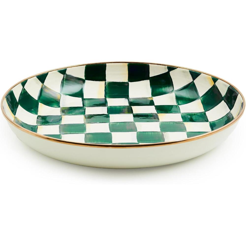 imageMACKENZIECHILDS Enamel Abundant Bowl Decorative or Serving Bowl 13Cup Capacity BrownandWhite Mocha CheckEmerald Check