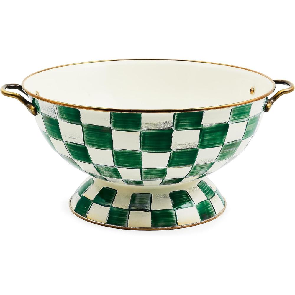 imageMACKENZIECHILDS Enamel Bowl Serving Bowl for Entertaining Everything Bowl BrownandWhite Mocha CheckEmerald Check