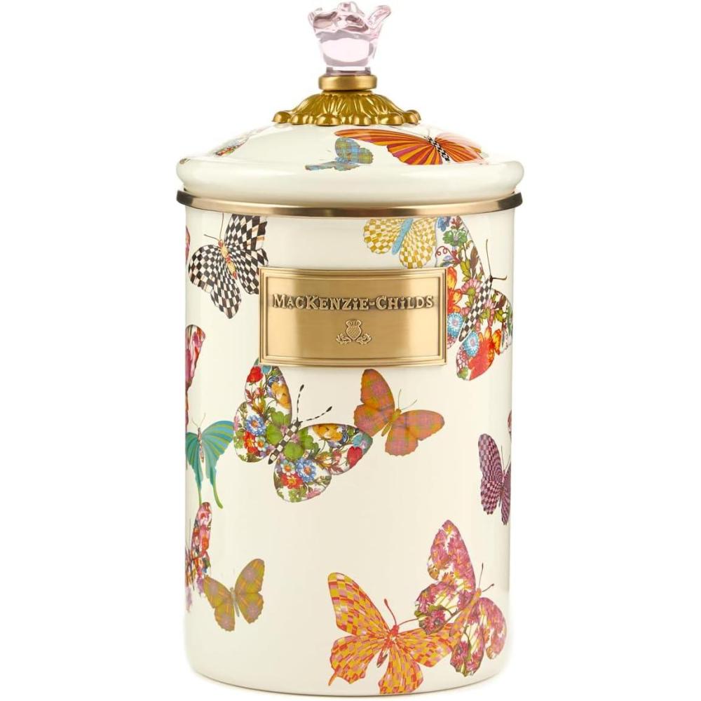 imageMACKENZIECHILDS Enamel Canister Kitchen Storage Container with Lid Large Deck the HallsButterfly Garden