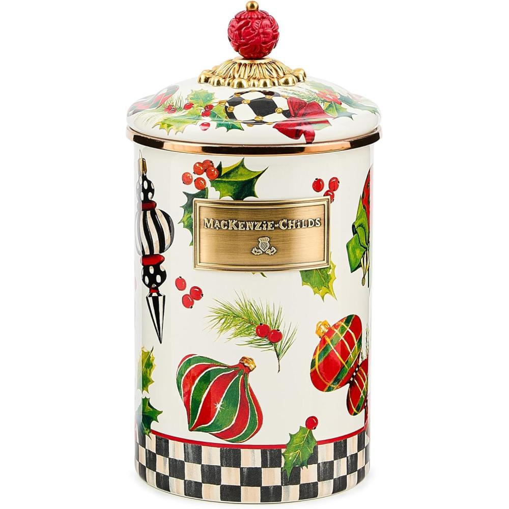 imageMACKENZIECHILDS Enamel Canister Kitchen Storage Container with Lid Large Deck the HallsDeck the Halls