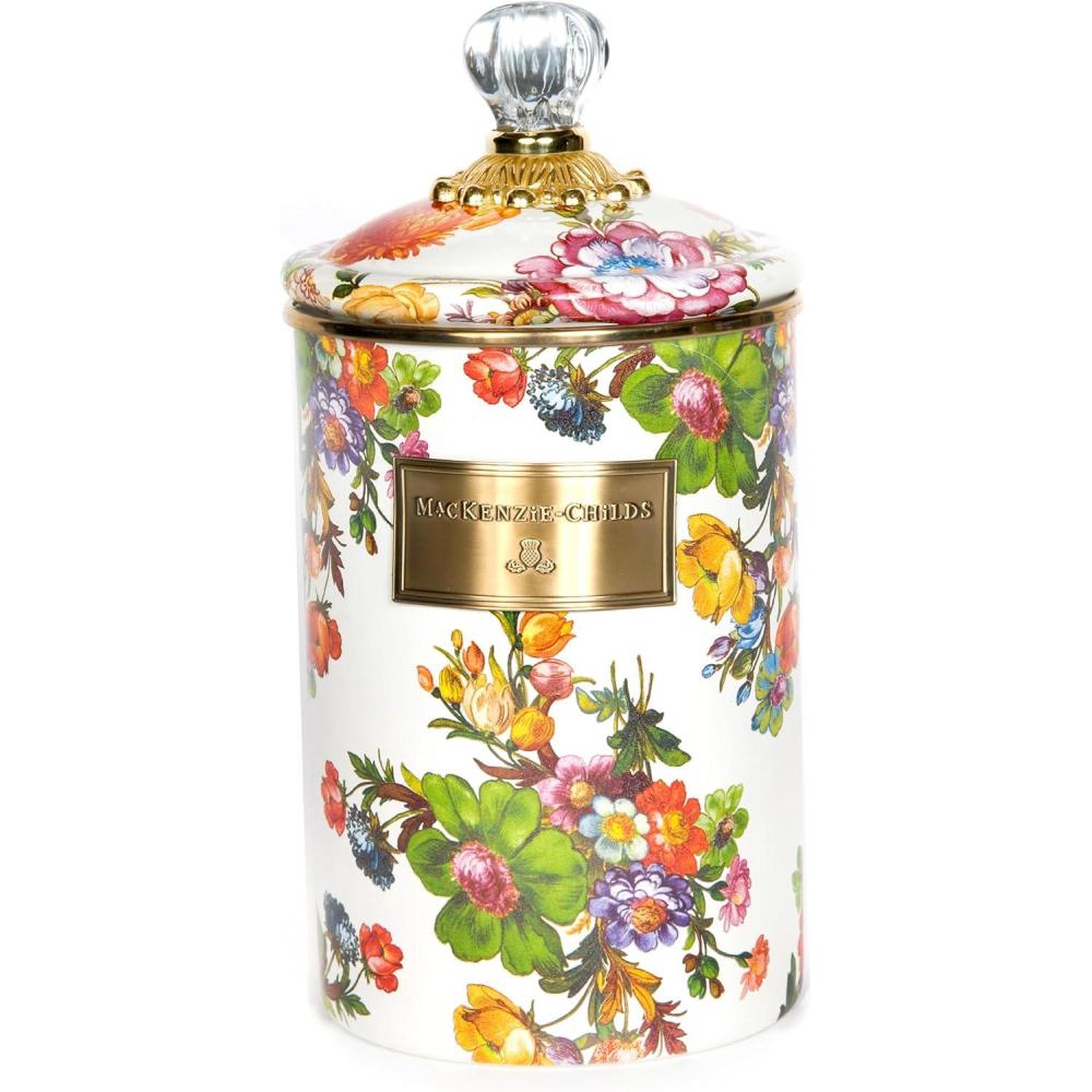 imageMACKENZIECHILDS Enamel Canister Kitchen Storage Container with Lid Large Deck the HallsWhite Flower Market