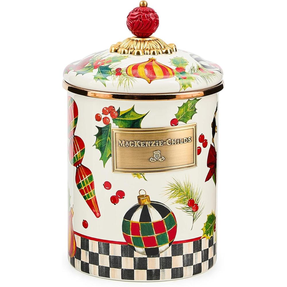 imageMACKENZIECHILDS Enamel Canister Kitchen Storage Container with Lid Medium Deck the HallsDeck the Halls