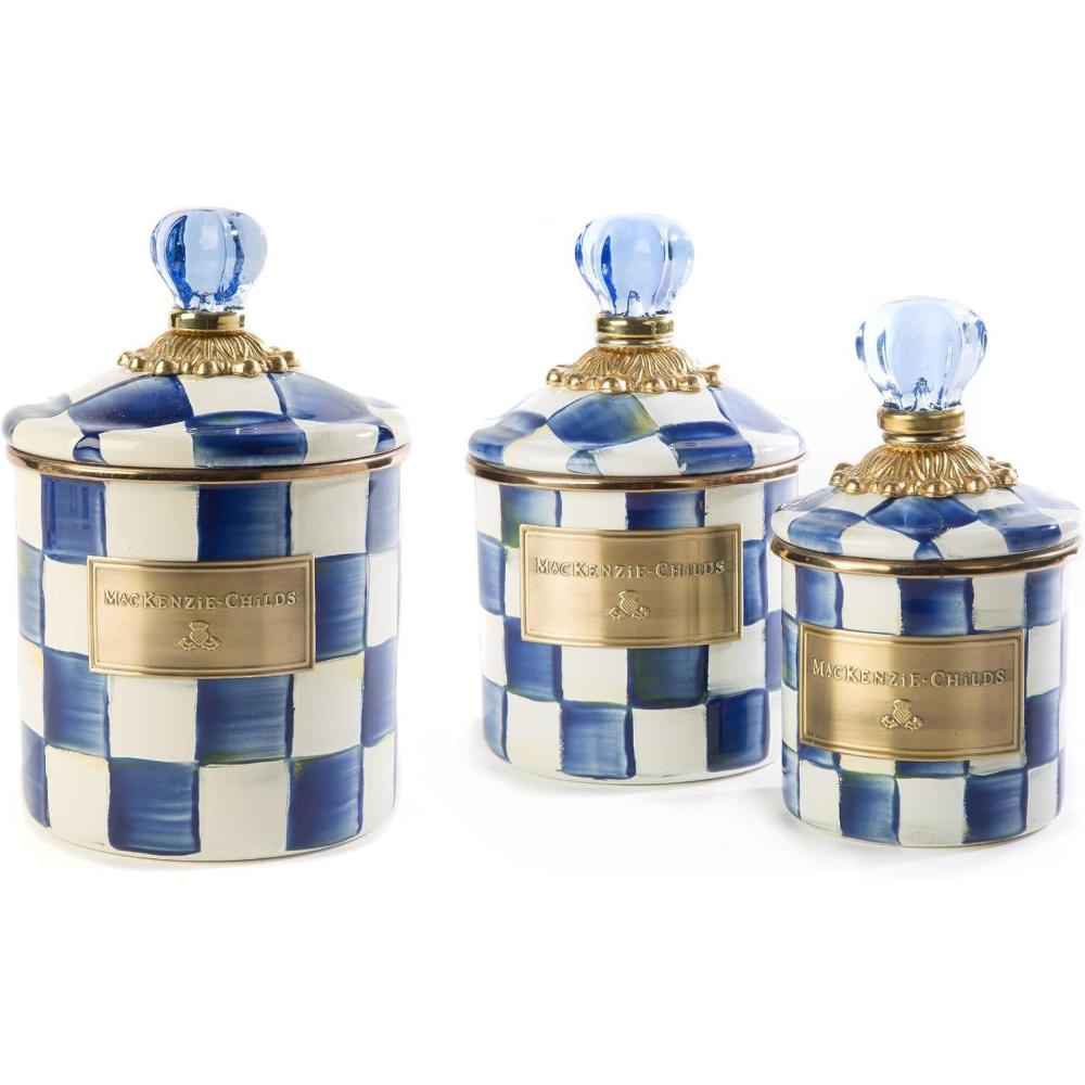 imageMACKENZIECHILDS Enamel Canister Set Mini 14 oz Demi 24 oz and Small 38 oz Kitchen Containers BlueandWhite Royal CheckRoyal Check