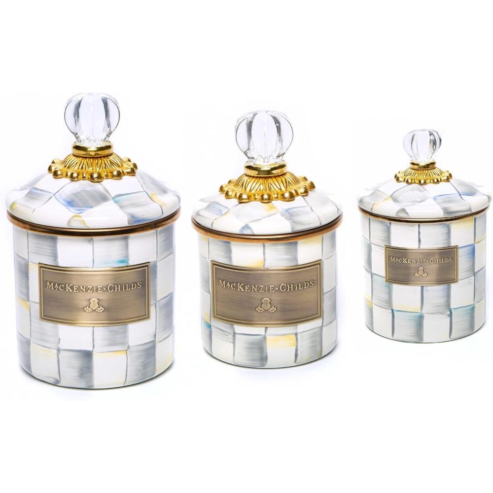 imageMACKENZIECHILDS Enamel Canister Set Mini 14 oz Demi 24 oz and Small 38 oz Kitchen Containers BlueandWhite Royal CheckSterling Check