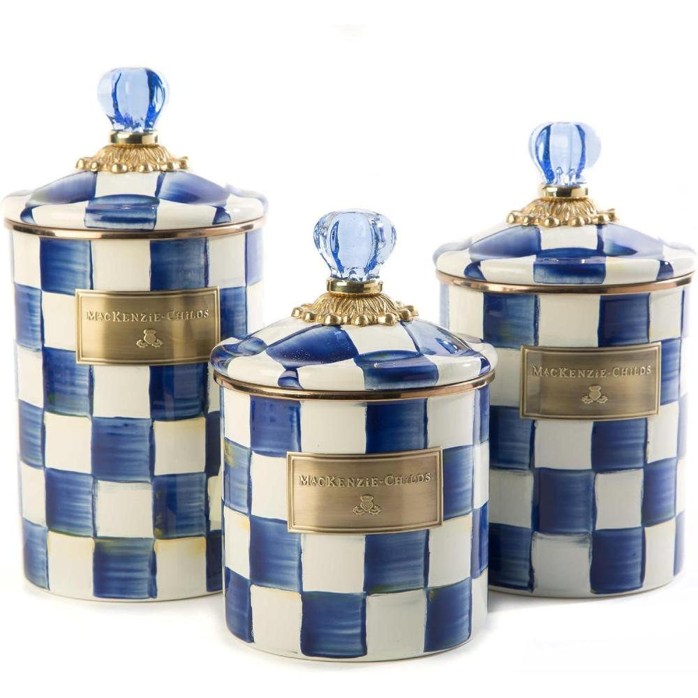 imageMACKENZIECHILDS Enamel Canister Set Small 38 oz Medium 48 oz and Large 64 oz Kitchen Containers BlackandWhite Courtly CheckRoyal Check