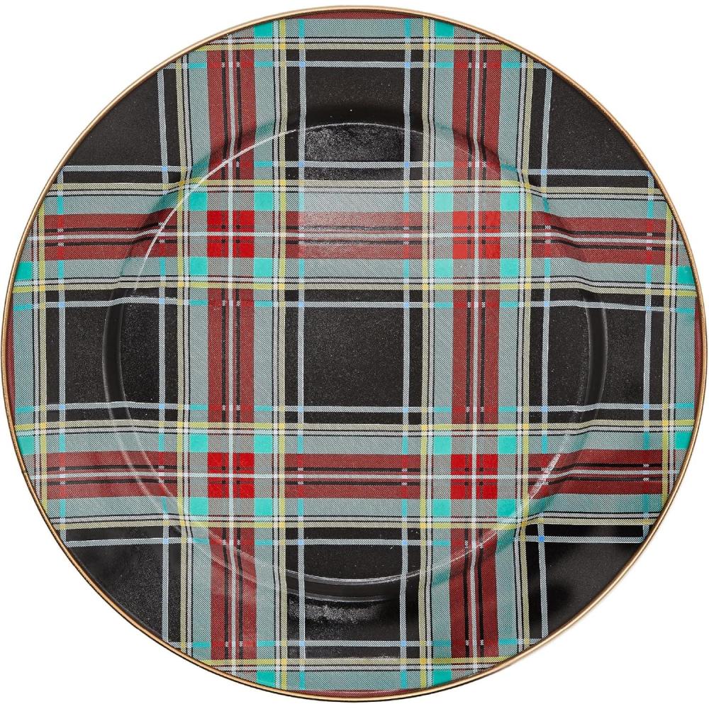 imageMACKENZIECHILDS Enamel Charger Plate Charger Decoration Plate for Dinner Plates or Home Decor 12 Inches BrownandWhite Mocha CheckBlack Tartan