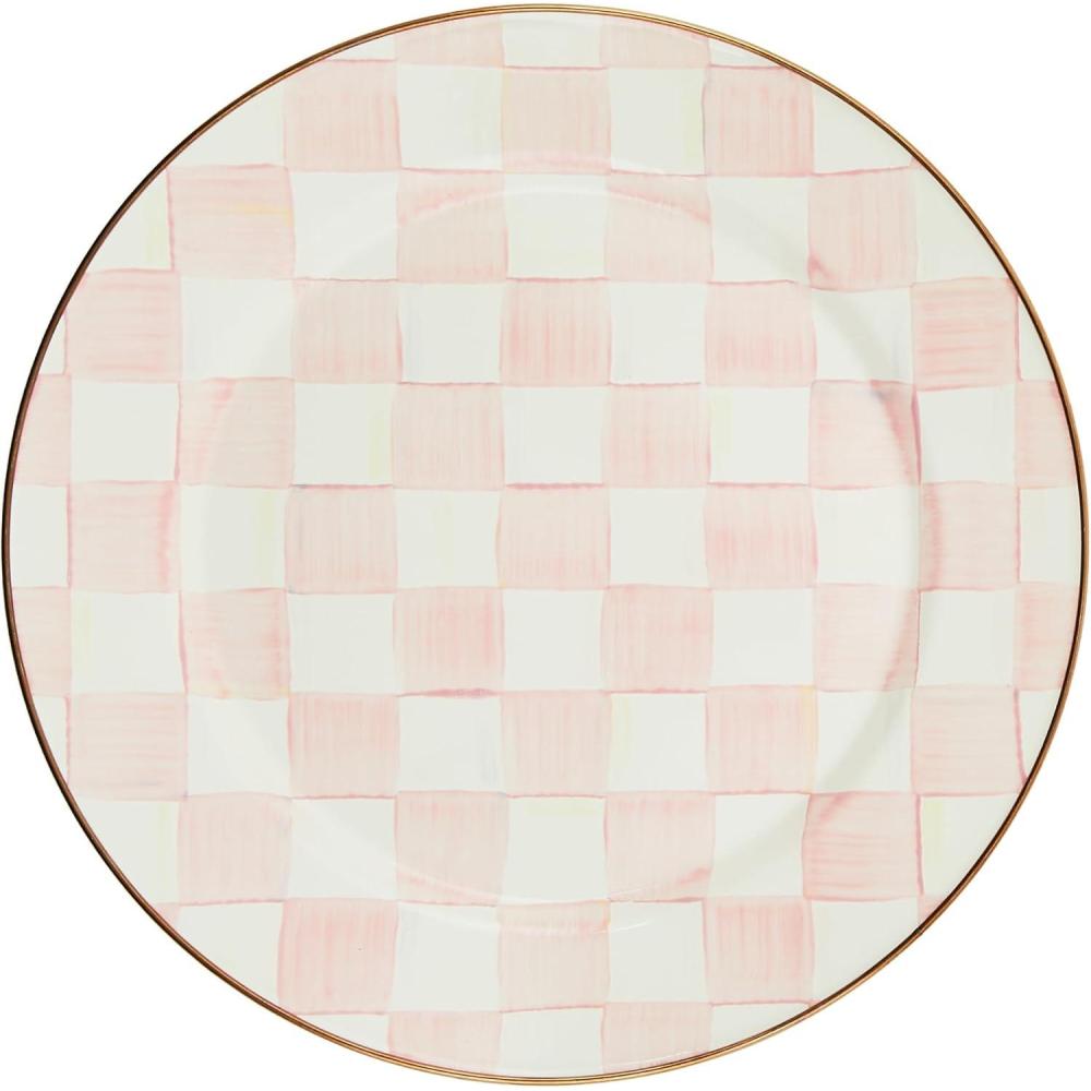 imageMACKENZIECHILDS Enamel Charger Plate Charger Decoration Plate for Dinner Plates or Home Decor 12 Inches BrownandWhite Mocha CheckRosy Check