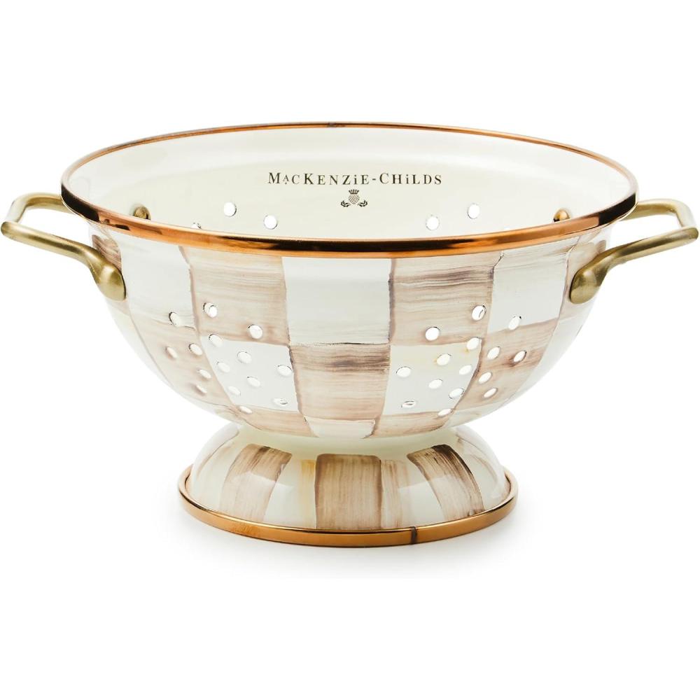 imageMACKENZIECHILDS Enamel Colander Decorative Kitchen Strainer Small PinkandWhite Rosy CheckMocha Check