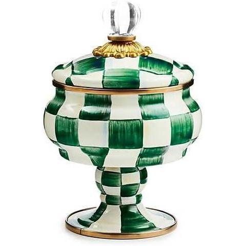 imageMACKENZIECHILDS Enamel Curiosity Pot Decorative Container for Home Decor GreenandWhite Emerald CheckEmerald Check