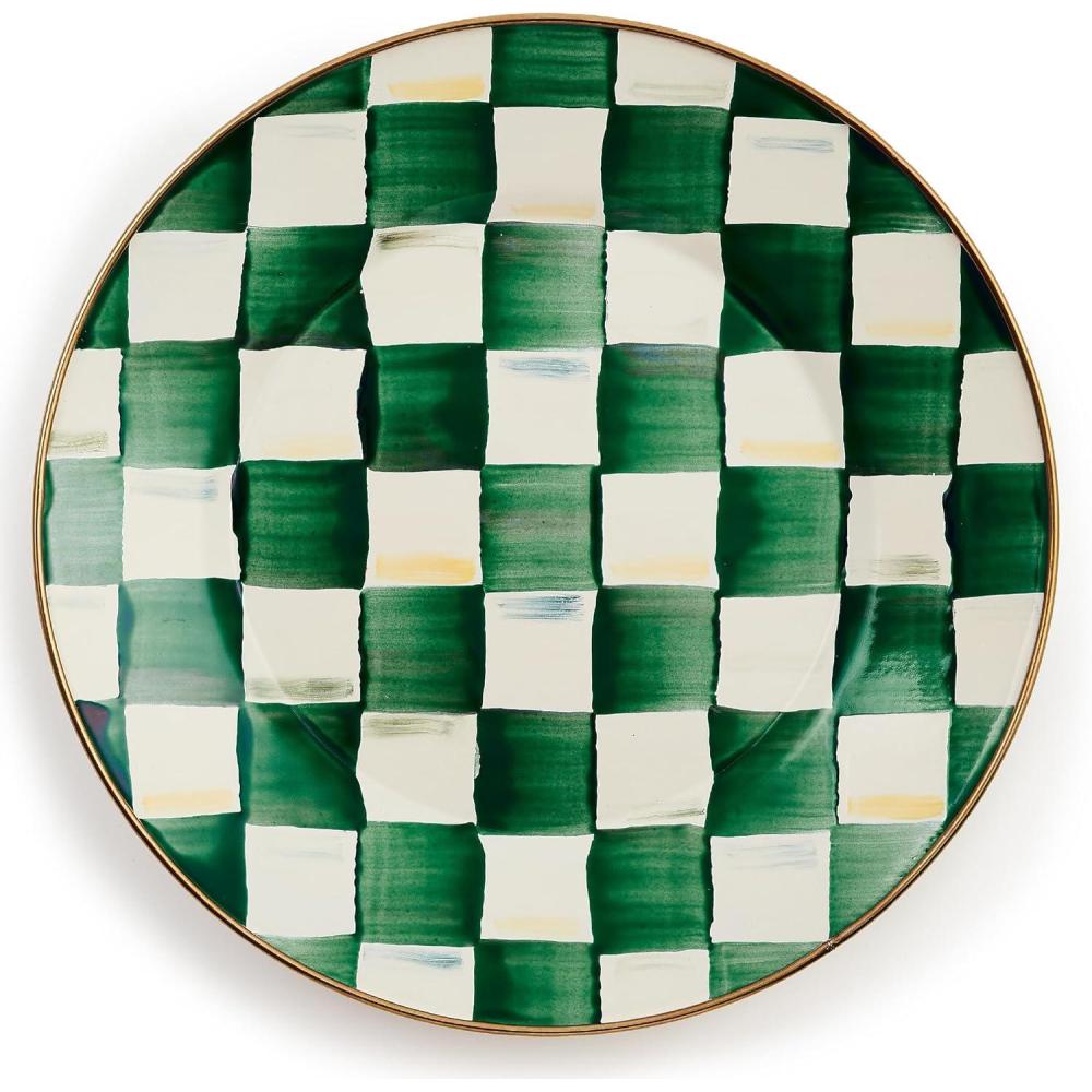 imageMACKENZIECHILDS Enamel Dinner Plate Decorative Dinnerware Plate 10 Inches BrownandWhite Mocha CheckEmerald Check