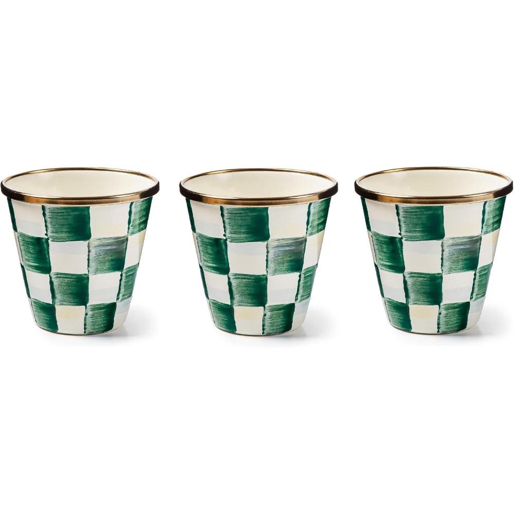 imageMACKENZIECHILDS Enamel Herb Pots Small Plant Pots for Herbs or Flowers Set of 3 BrownandWhite Mocha CheckEmerald Check