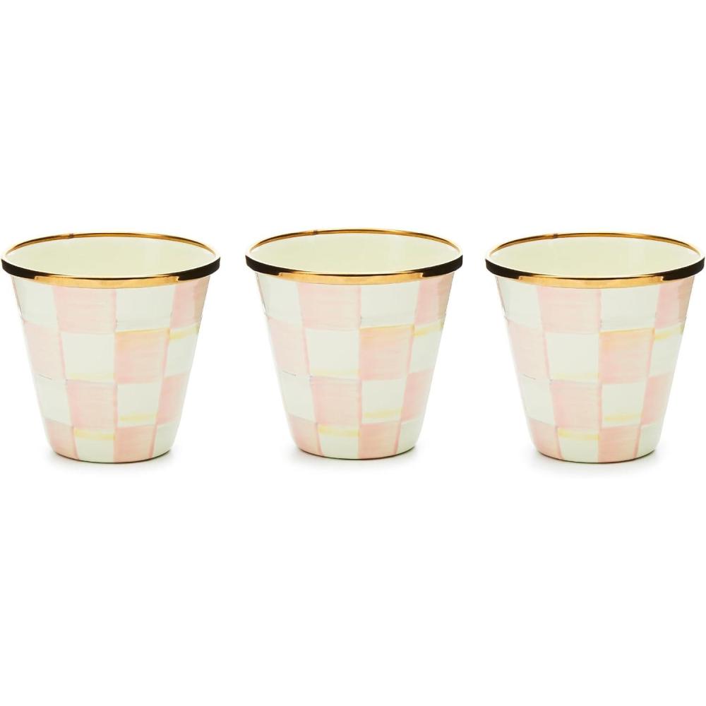 imageMACKENZIECHILDS Enamel Herb Pots Small Plant Pots for Herbs or Flowers Set of 3 BrownandWhite Mocha CheckRosy Check