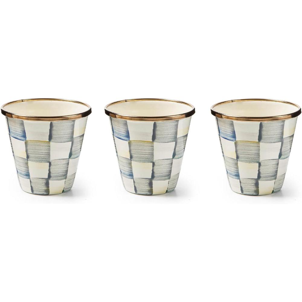 imageMACKENZIECHILDS Enamel Herb Pots Small Plant Pots for Herbs or Flowers Set of 3 BrownandWhite Mocha CheckSterling Check