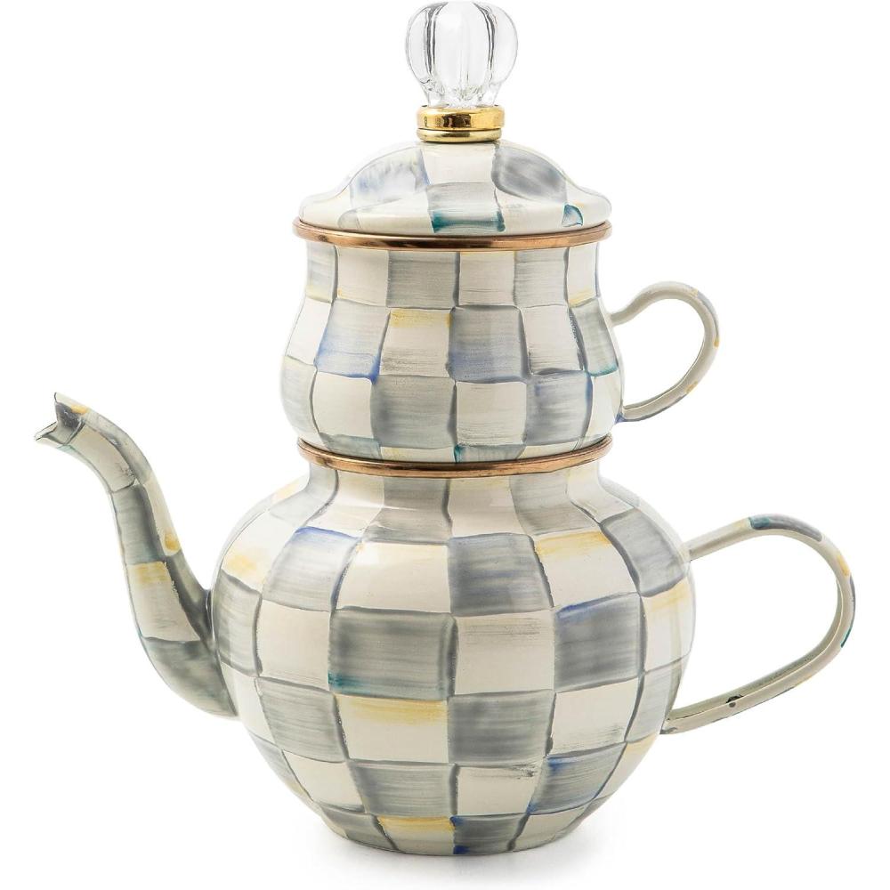 imageMACKENZIECHILDS Enamel HighTea Teapot Cup and Lid Cute Teapot and Teacup Combo BlackandWhite Courtly CheckSterling Check