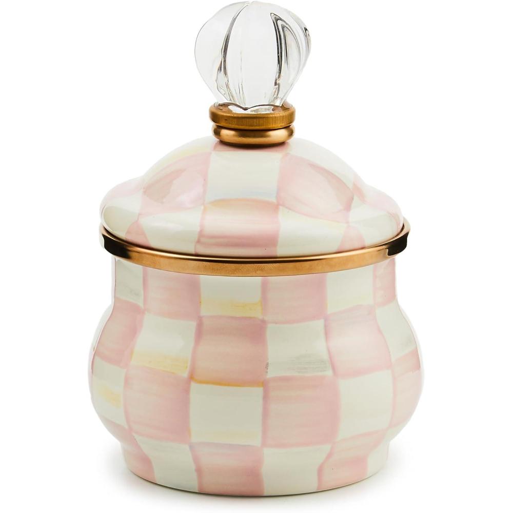 imageMACKENZIECHILDS Enamel Lidded Sugar Bowl Small Serving Bowl with Lid 10Ounce Capacity PinkandWhite Rosy CheckRosy Check