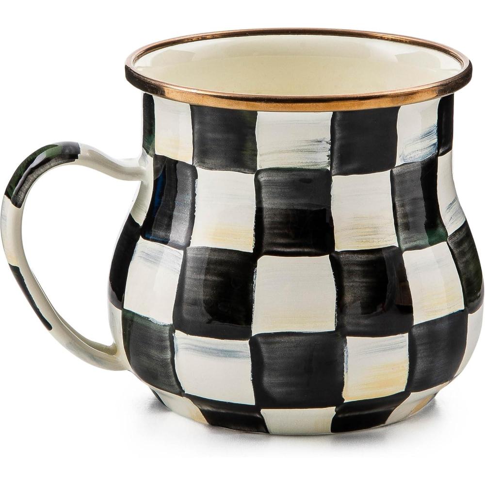 imageMACKENZIECHILDS Enamel Mug Cute Enamelware Coffee and Tea Mug Unique Drinkware 16 Ounces PinkandWhite Rosy Check Set of 1Courtly Check