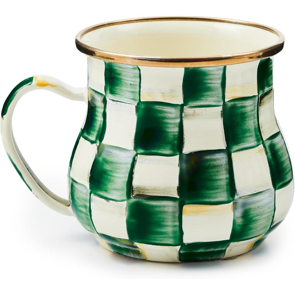 imageMACKENZIECHILDS Enamel Mug Cute Enamelware Coffee and Tea Mug Unique Drinkware 16 Ounces PinkandWhite Rosy Check Set of 1Emerald Check