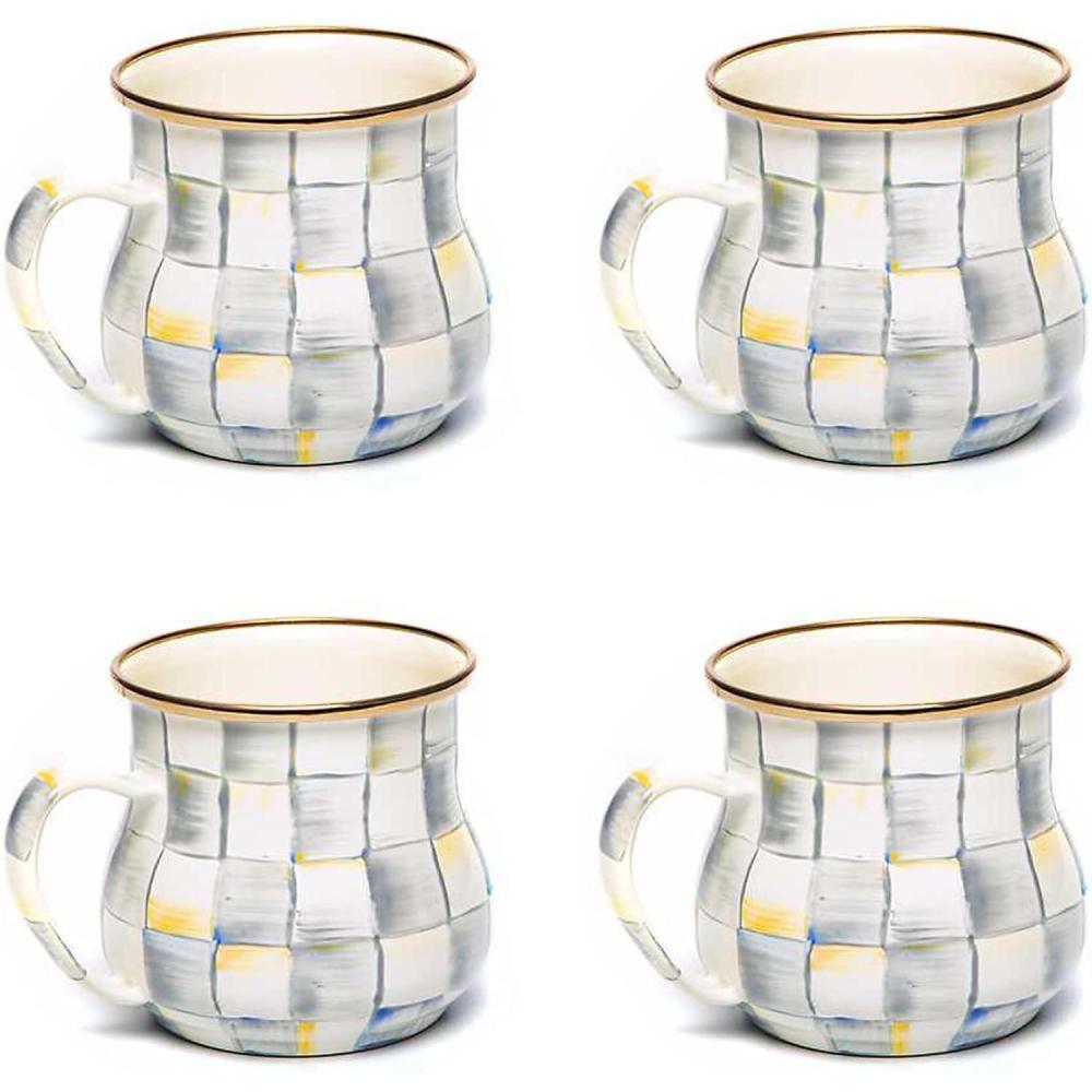 imageMACKENZIECHILDS Enamel Mug Cute Enamelware Coffee and Tea Mug Unique Drinkware 16 Ounces PinkandWhite Rosy Check Set of 1Sterling Check