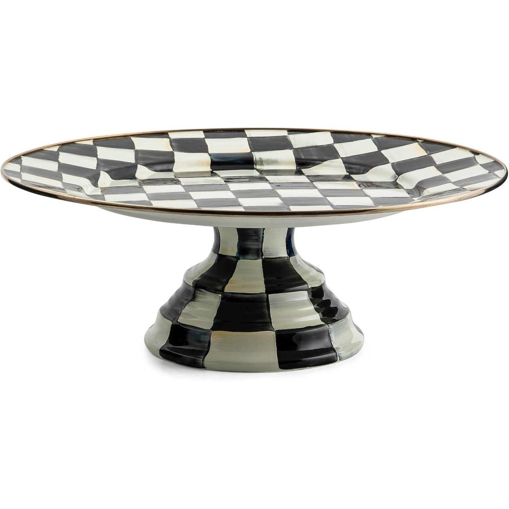 imageMACKENZIECHILDS Enamel Pedestal Platter Round Cake Stand Small GrayandWhite Sterling CheckCourtly Check