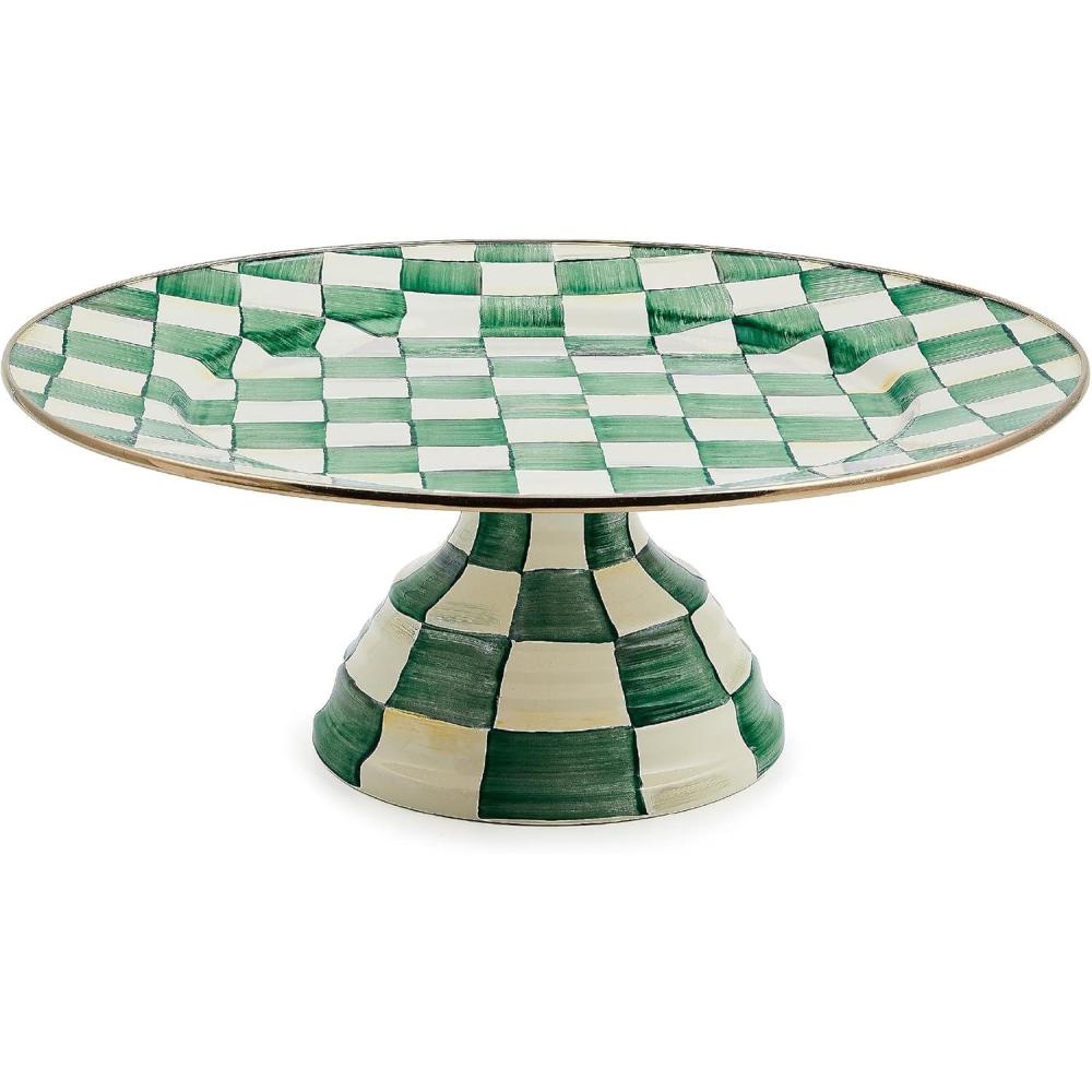 imageMACKENZIECHILDS Enamel Pedestal Platter Round Cake Stand Small GrayandWhite Sterling CheckEmerald Check