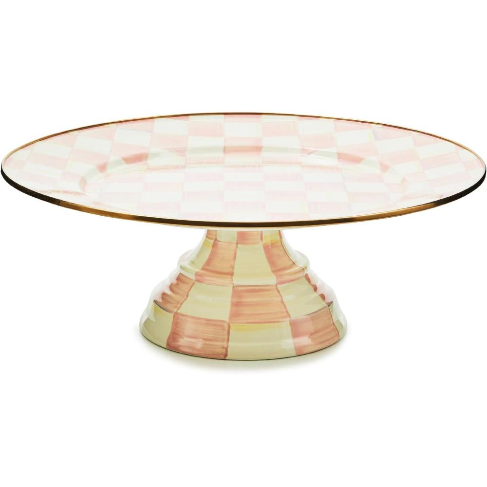imageMACKENZIECHILDS Enamel Pedestal Platter Round Cake Stand Small GrayandWhite Sterling CheckRosy Check