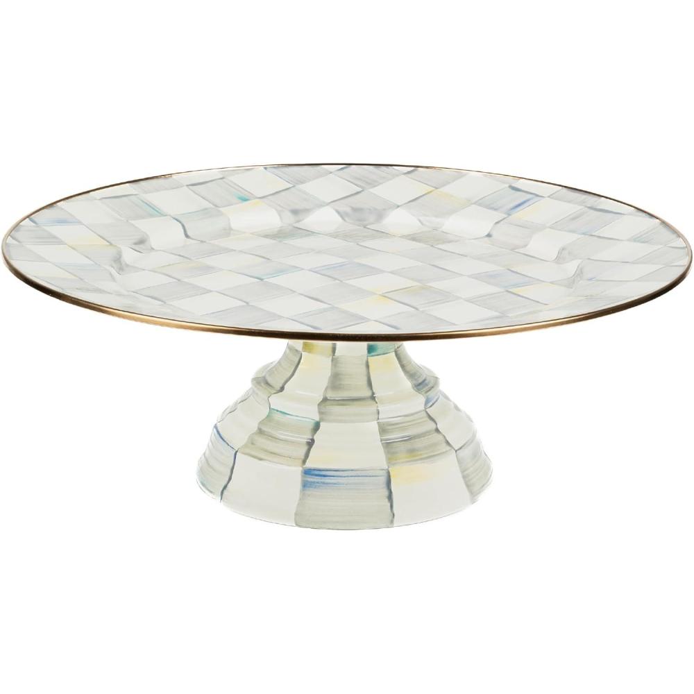imageMACKENZIECHILDS Enamel Pedestal Platter Round Cake Stand Small GrayandWhite Sterling CheckSterling Check