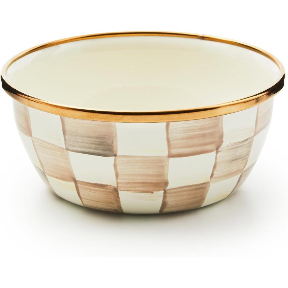 imageMACKENZIECHILDS Enamel Pinch Bowl Small Bowl for Kitchen Ingredients 15Cup Capacity BrownandWhite Mocha CheckMocha Check