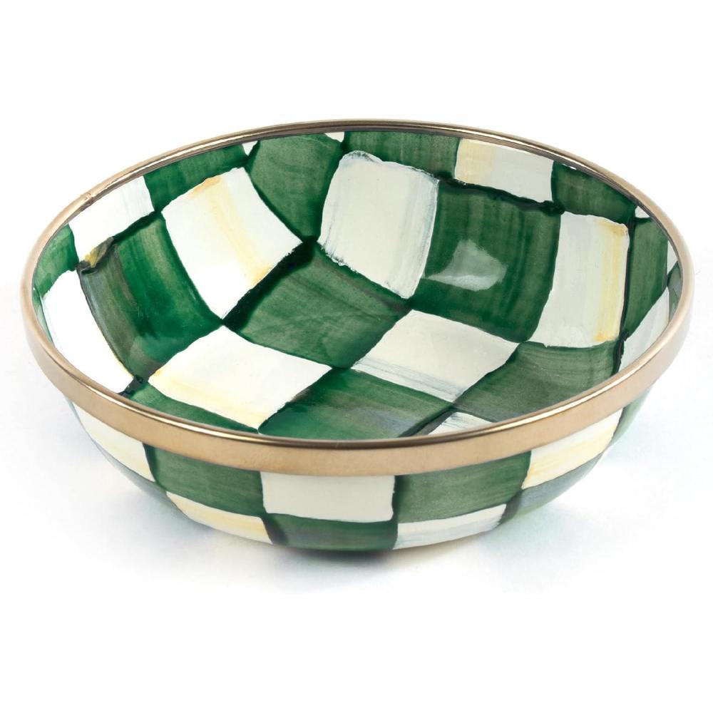 imageMACKENZIECHILDS Enamel Relish Dish Small Serving Bowl for Entertaining BrownandWhite Mocha CheckEmerald Check