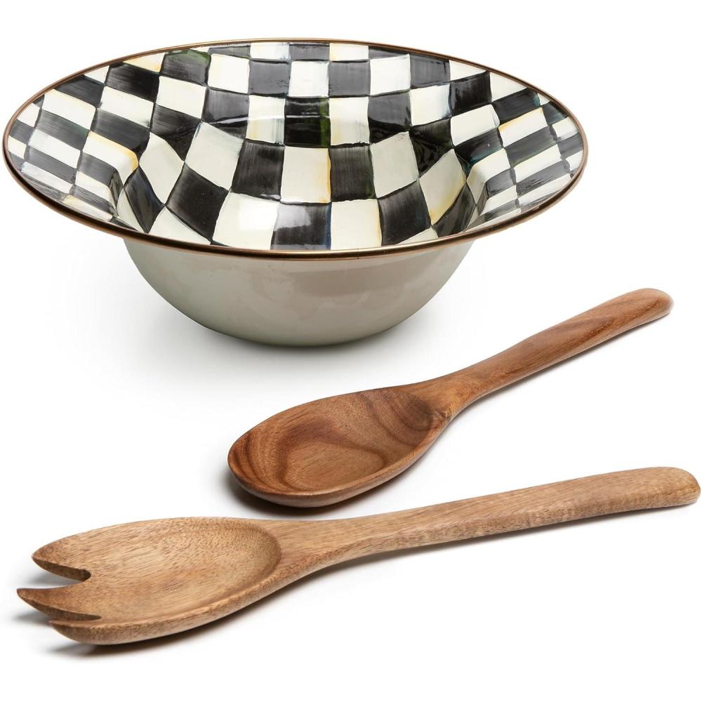 imageMACKENZIECHILDS Enamel Salad Serving Set Enamel Bowl and Wooden Salad Servers Decorative Kitchen Set BrownandWhite Mocha CheckCourtly Check