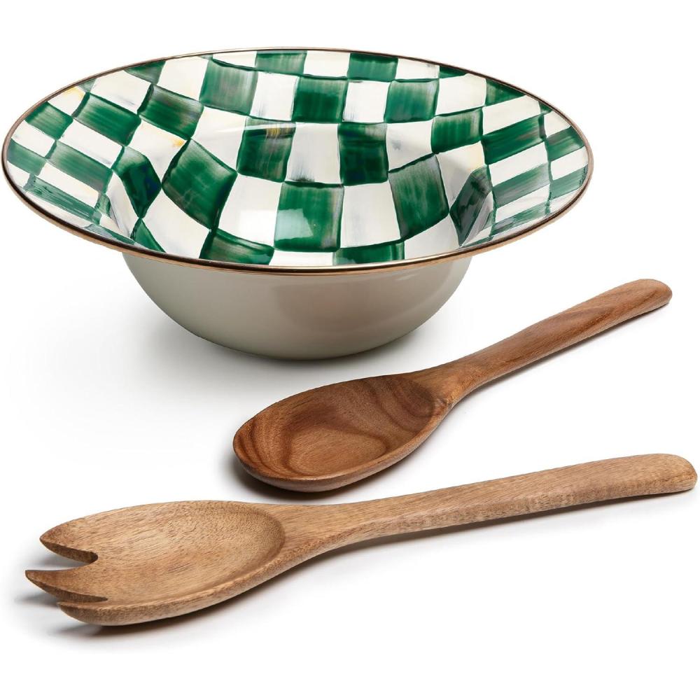 imageMACKENZIECHILDS Enamel Salad Serving Set Enamel Bowl and Wooden Salad Servers Decorative Kitchen Set BrownandWhite Mocha CheckEmerald Check