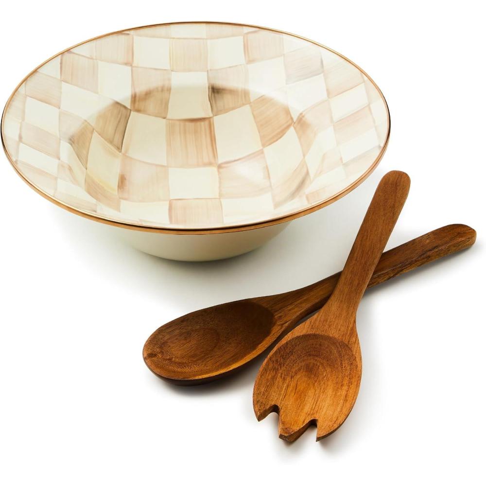 imageMACKENZIECHILDS Enamel Salad Serving Set Enamel Bowl and Wooden Salad Servers Decorative Kitchen Set BrownandWhite Mocha CheckMocha Check