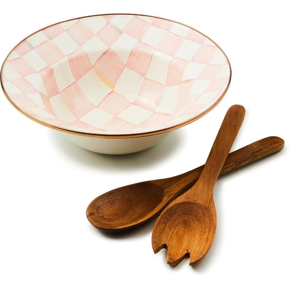 imageMACKENZIECHILDS Enamel Salad Serving Set Enamel Bowl and Wooden Salad Servers Decorative Kitchen Set BrownandWhite Mocha CheckRosy Check