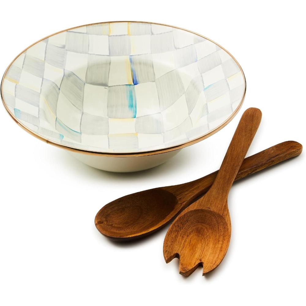 imageMACKENZIECHILDS Enamel Salad Serving Set Enamel Bowl and Wooden Salad Servers Decorative Kitchen Set BrownandWhite Mocha CheckSterling Check