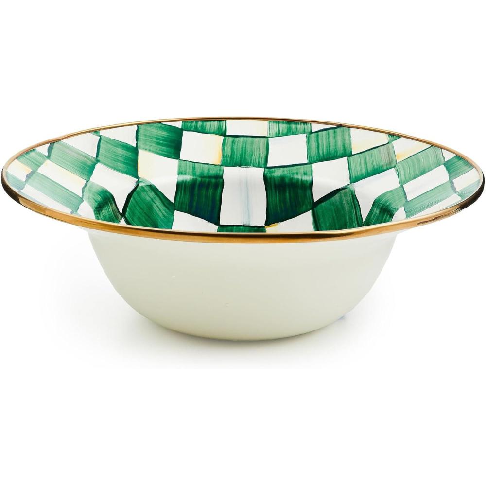 imageMACKENZIECHILDS Enamel Serving Bowl Enamel Serveware Bowl 12 Inches BrownandWhite Mocha CheckEmerald Check