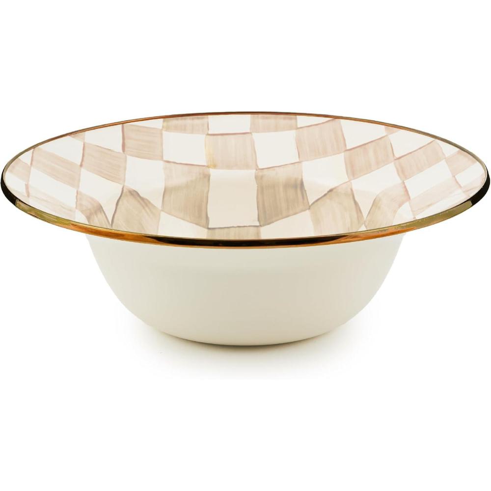 imageMACKENZIECHILDS Enamel Serving Bowl Enamel Serveware Bowl 12 Inches BrownandWhite Mocha CheckMocha Check
