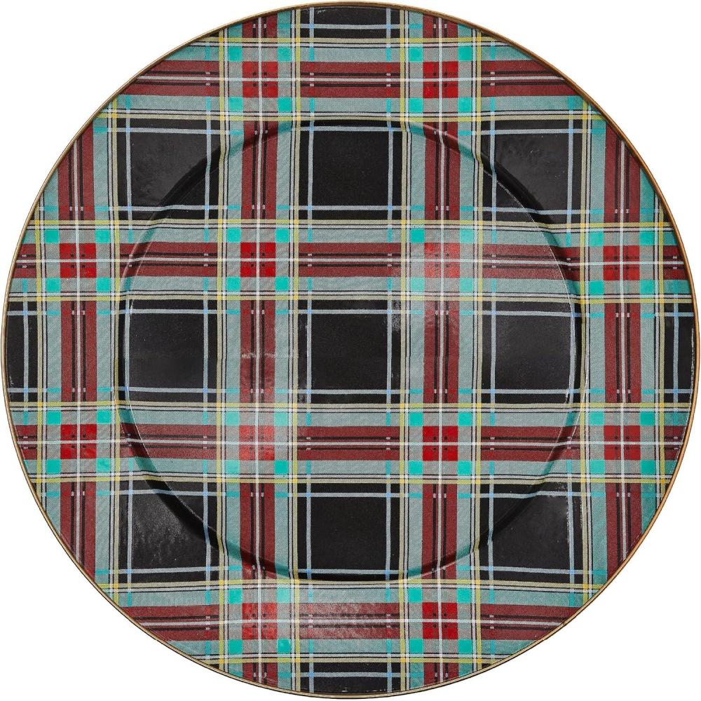imageMACKENZIECHILDS Enamel Serving Platter Decorative Serving Platter for Food 16 Inches Rosy CheckBlack Tartan