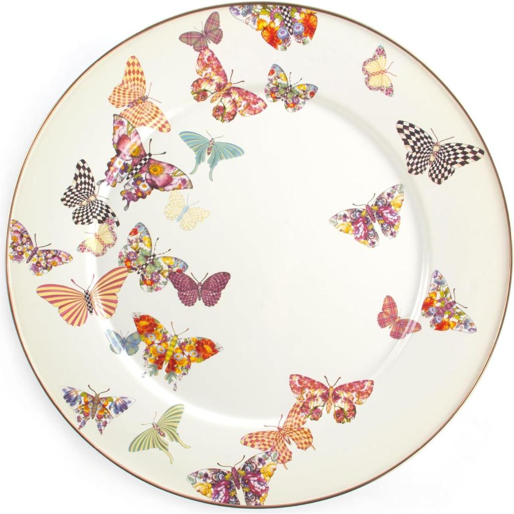 imageMACKENZIECHILDS Enamel Serving Platter Decorative Serving Platter for Food 16 Inches Rosy CheckButterfly Garden