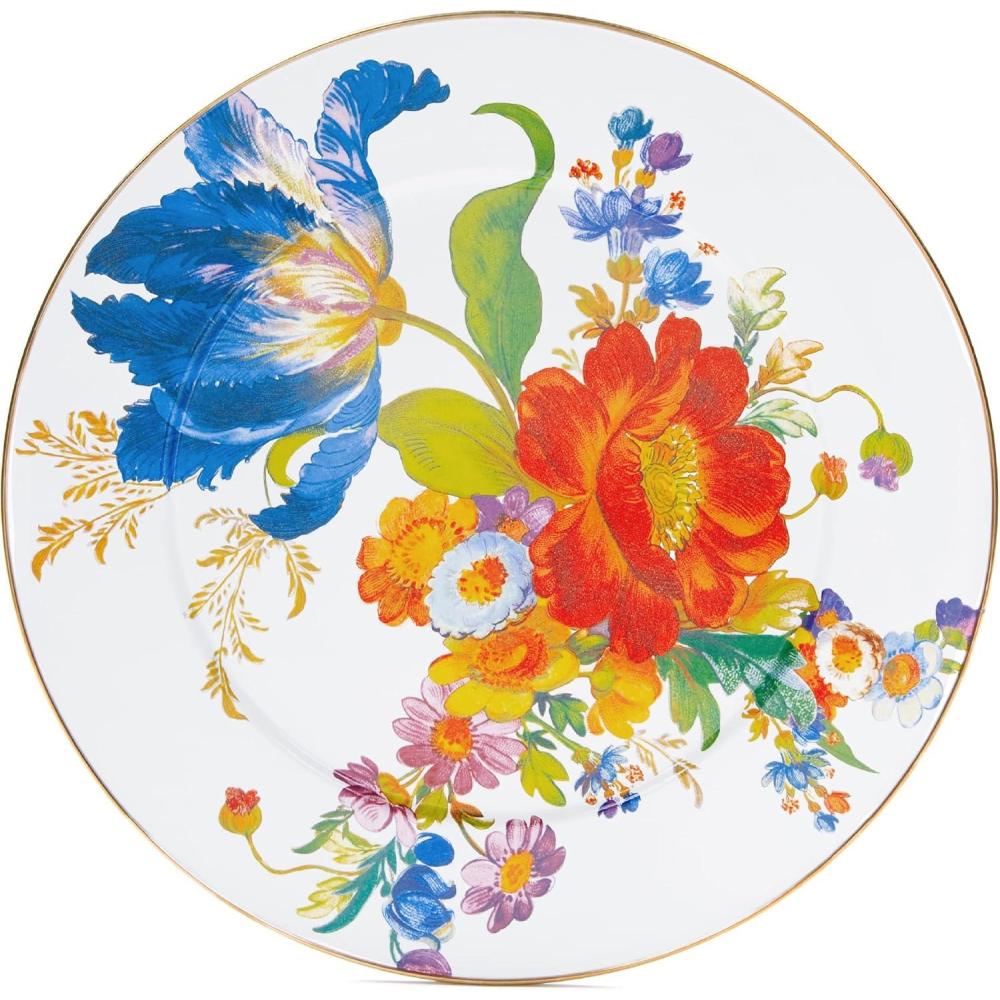 imageMACKENZIECHILDS Enamel Serving Platter Decorative Serving Platter for Food 16 Inches Rosy CheckFlower Market White