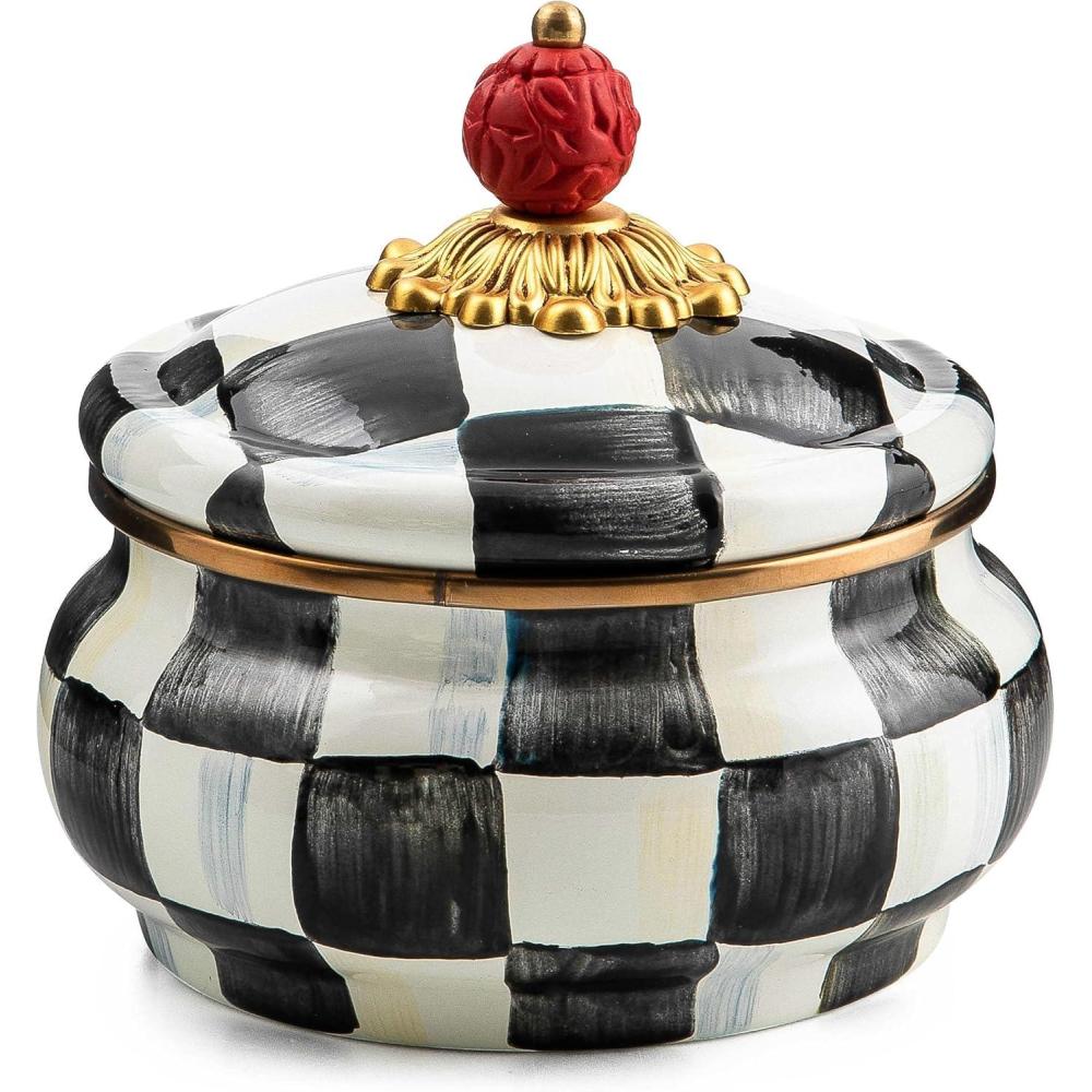 imageMACKENZIECHILDS Enamel Squashed Pot Cute Enameled Container with Lid 20 Ounces PinkandWhite Rosy CheckCourtly Check