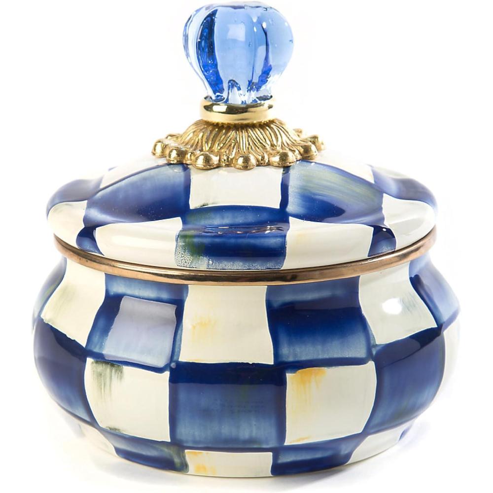 imageMACKENZIECHILDS Enamel Squashed Pot Cute Enameled Container with Lid 20 Ounces PinkandWhite Rosy CheckSterling Check