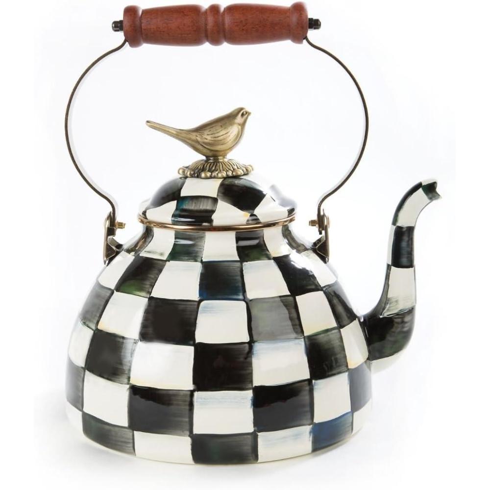 imageMACKENZIECHILDS Enamel Tea Kettle Cute Kitchen Kettle for Stovetop 3Quart Capacity BlackandWhite Courtly Check with Bird TopperCourtly Check