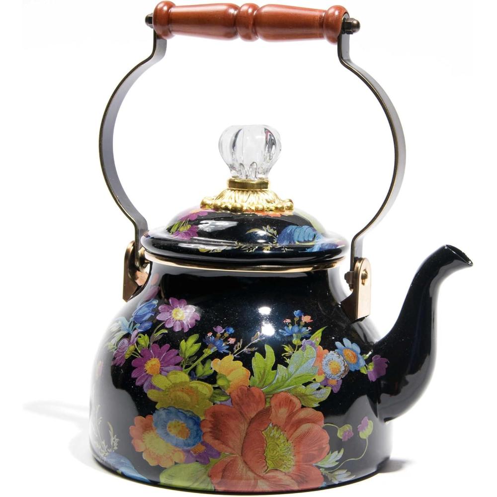 imageMACKENZIECHILDS Enamel Tea Kettle Decorative Tea Kettle for Stovetop 3 Quarts Wild Rose BrownBlack Flower Market